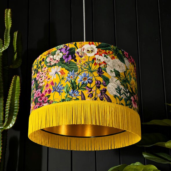 Love Frankie Ochre Summer Meadow Velvet Lampshade with Gold Lining and Fringing