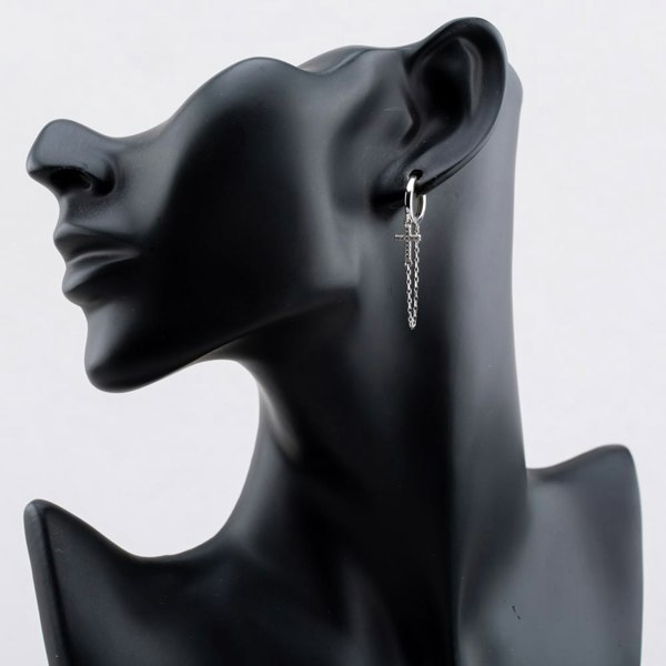 T. H. Baker Sterling Silver Rhodium Plated Cubic Zirconia Chained Cross Creole Earrings  8.54.5086
