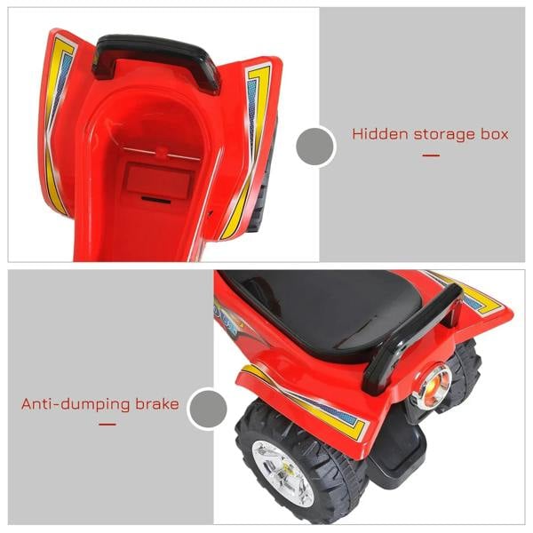 Red ride-on quad bike with rear storage compartment and rugged front wheel