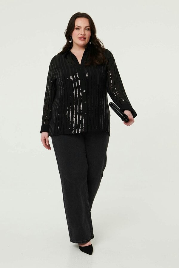 Izabel London Curve Sequin Striped Long Sleeve Shirt