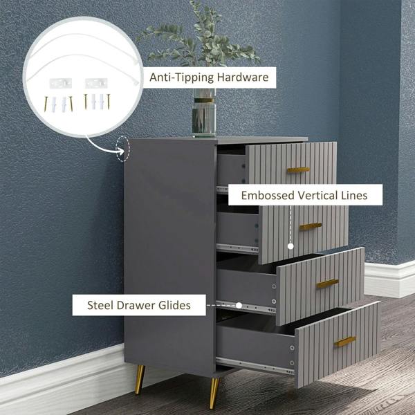 Dark grey dresser with embossed vertical lines, gold-tone bar handles, open drawer fronts