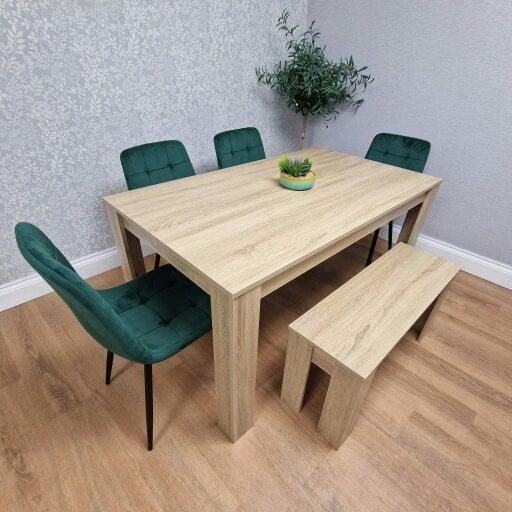 Kosy Koala Oak Effect Dining Table Set With 4 Green Velvet Chairs And Bench Dining Room Furniture