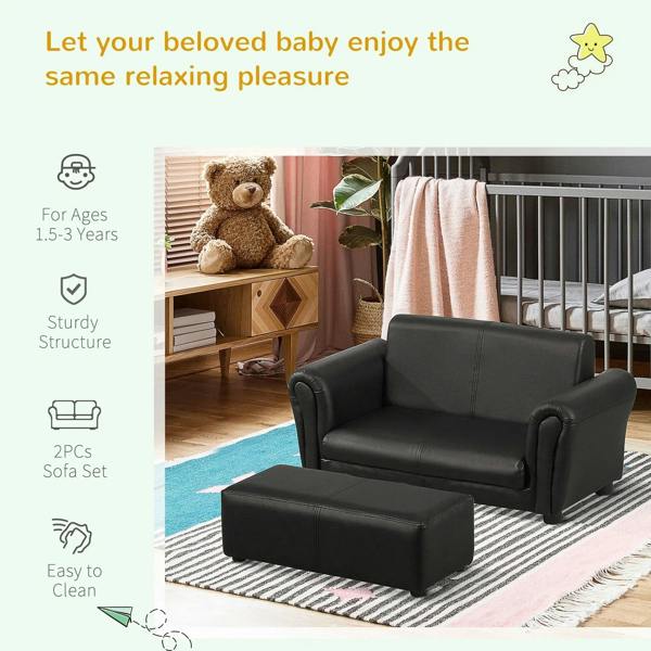 Black kids sofa bed with footstool, shown in nursery with a teddy bear