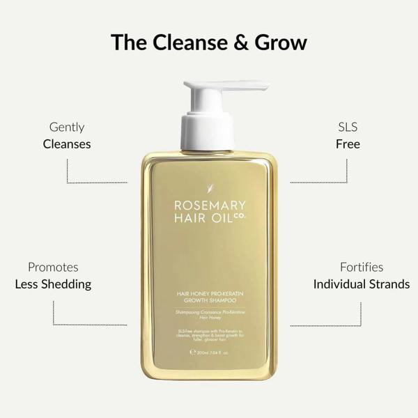 Rosemary Hair Oil Co. shampoo bottle with text highlighting benefits on a white background. Hair Honey Pro-Keratin Growth Shampoo