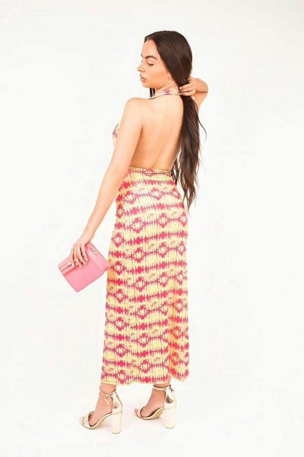 Seraya Halter Neck Ruched Abstract Print Midi Dress - Pink