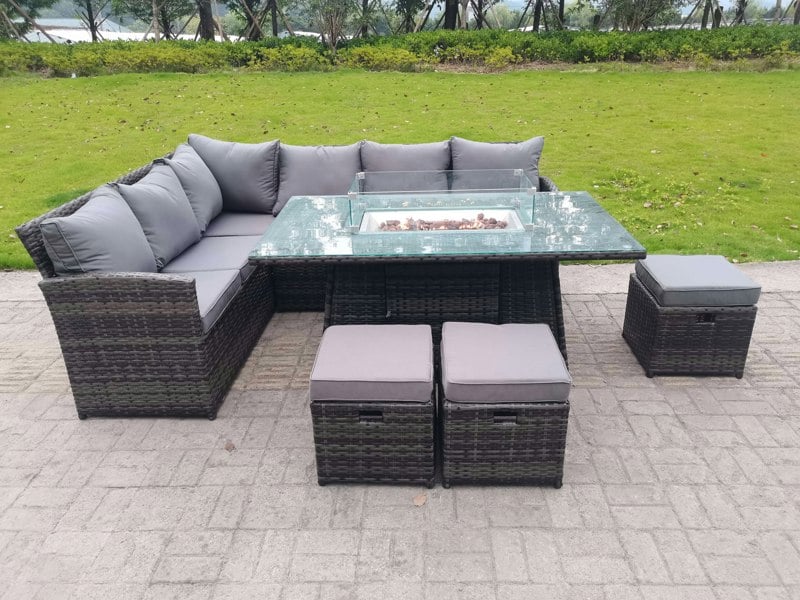 Fimous High Back Corner Rattan Garden Furniture Sofa Gas Fire Pit Dining Table Sets Gas Heater 9 Seater 3 Small Footstools