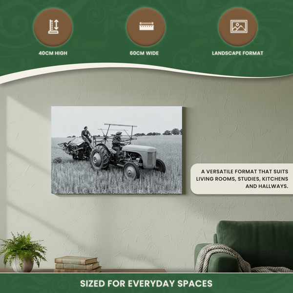Ferguson TE20 Tractor and Binder Canvas Picture Print, Circa 1947 Black and White, 60 x 40 cm, Stretched Canvas on Wooden Frame