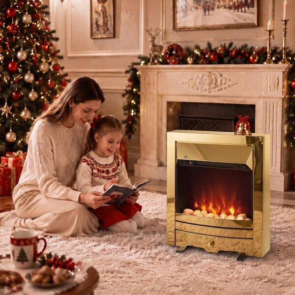 Electric Fireplace Stove Freestanding/Inset, 2000W, Electric Fire with LED Flame, Pebbles, Adjustable Thermostat, Gold