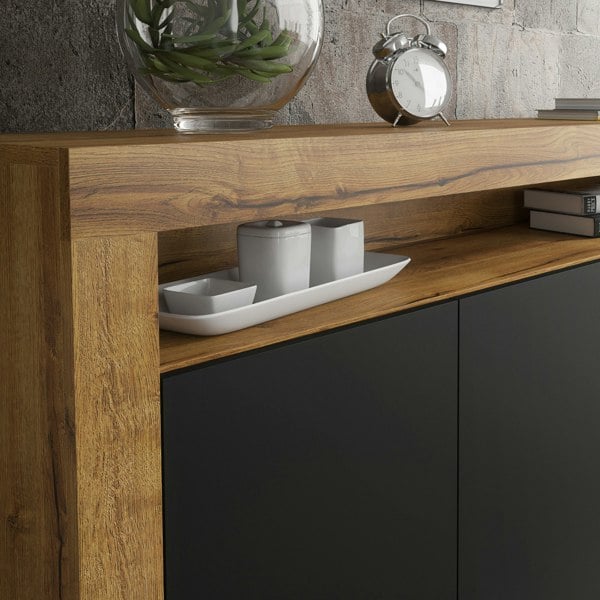 Mex Furniture Modern Sideboard 155cm – Oak Matt Body with Black Matt Doors