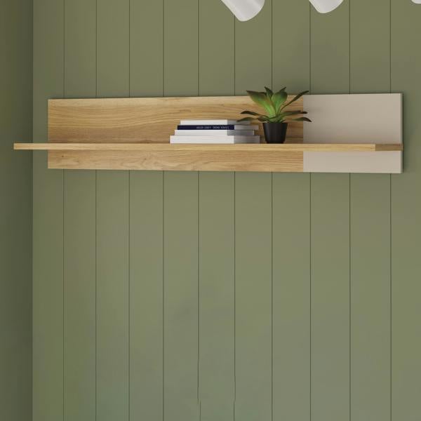 Furniture To Go Bixbite Wall Shelf with Sliding Panel in Mauvella Oak and Sand