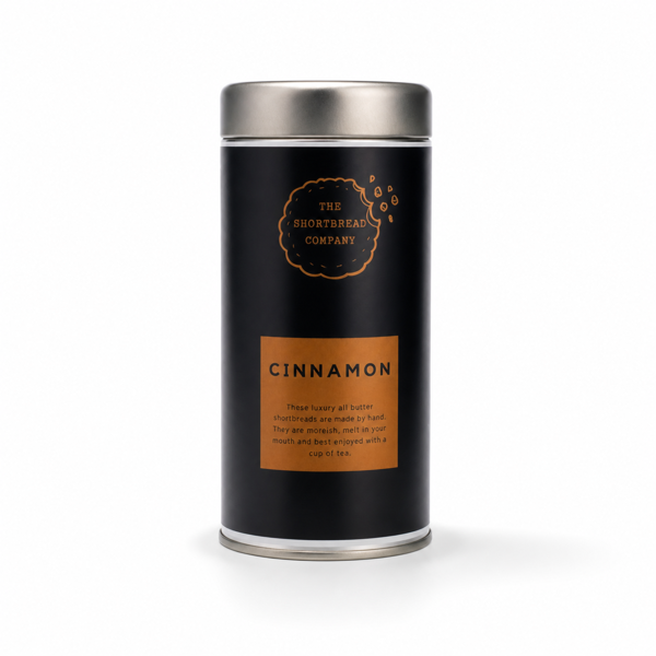 The Shortbread Company luxury Cinnamon Shortbread 200g tube tin on white background
