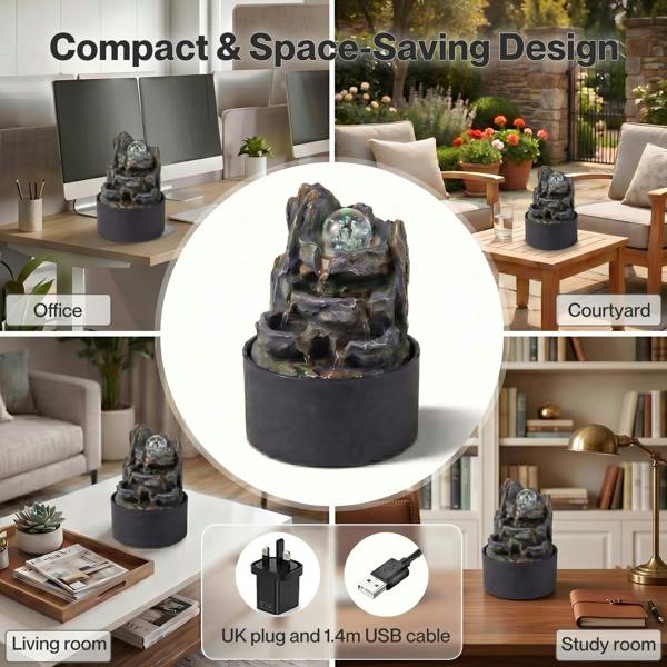 Spector Tabletop Water Fountain With Rotating Glass Ball  Resin Grey Brown