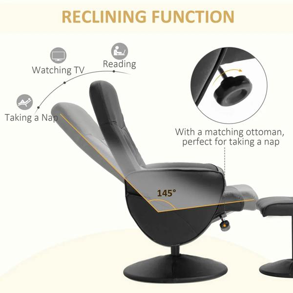 Black PU leather swivel recliner chair with ottoman, reclining back position shown
