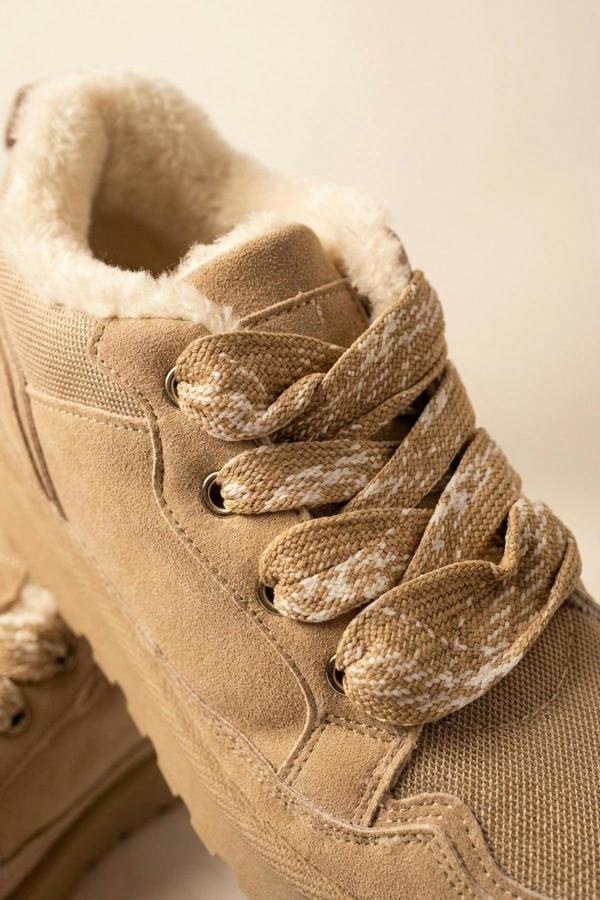 Leiza Chunky Lace Up Faux Fur Trainers - Beige