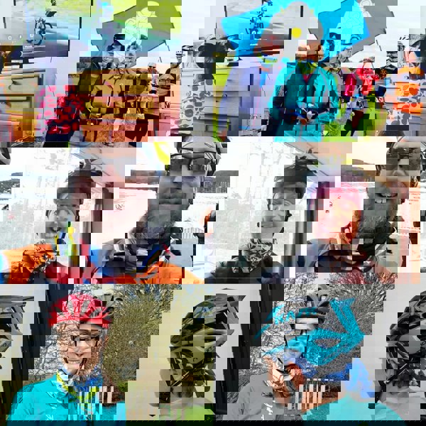 Photos of cyclists wearing their different designs of Ruffnek cycling scarves; King of the Mountains, Tour deYorkshire, World Champion and shown worn as a neck gaiter or under your cycle helmet.