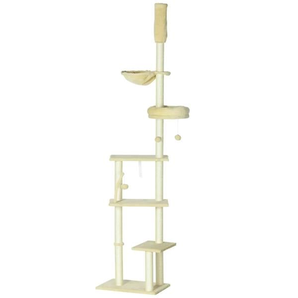 Beige floor-to-ceiling cat tree tower with multiple perches and dangling ball toys