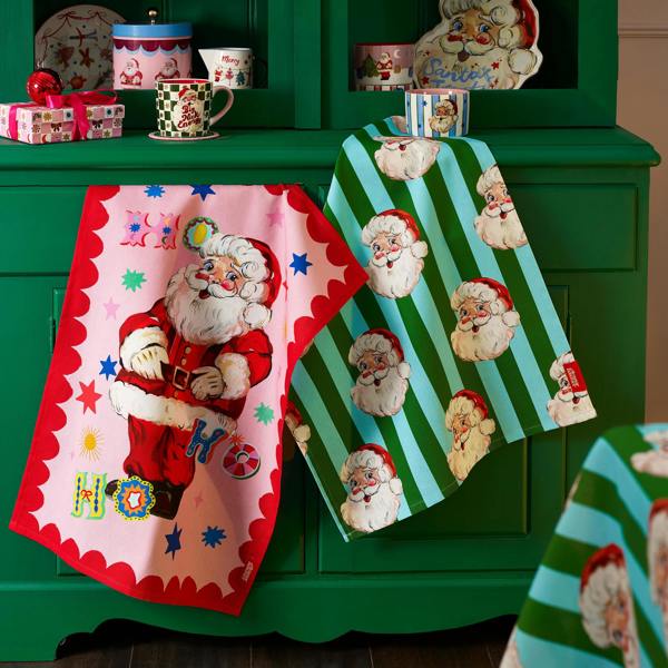 Eleanor Bowmer Jolly Santa Cotton Kitchen Tea Towel Pack of 2 Bright