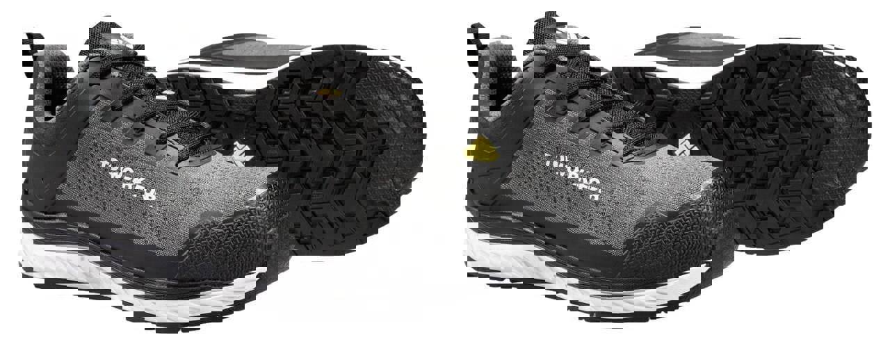 TOWORKFOR Super Set Mens/Womens Composite S1P Safety Trainers, black and gray composite safety trainers with slip-resistant soles for workplace safety.