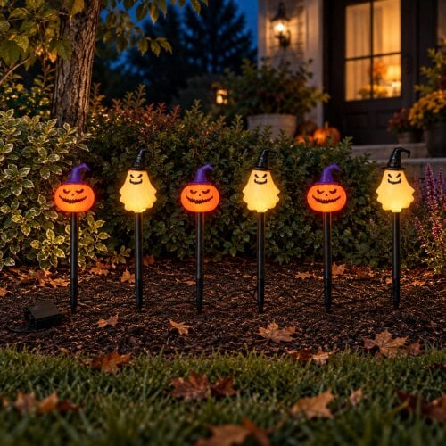 Samuel Alexander Set of 6 Halloween Light Up Pumpkin & Ghost Path Lights with Ground Stakes