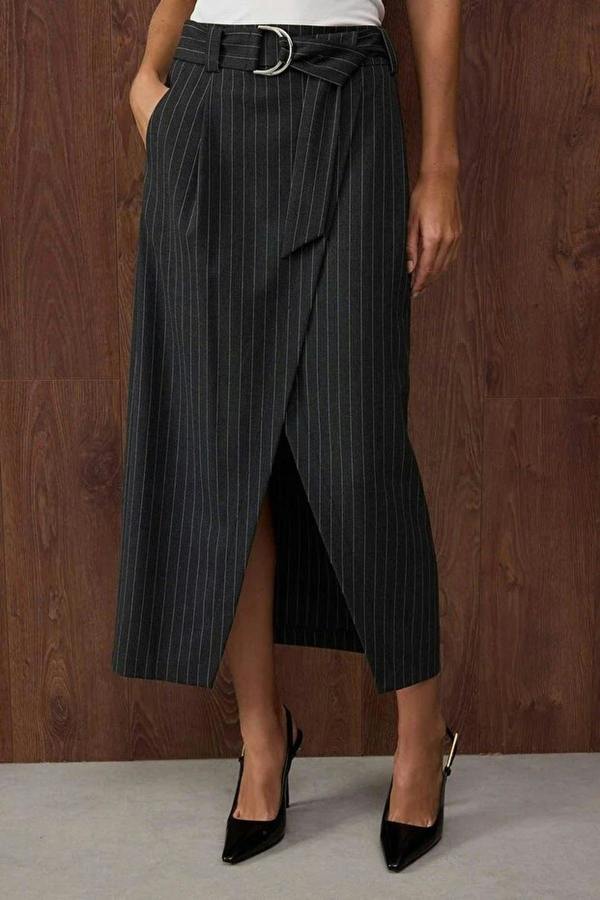 WOVCOR Striped Double-Breasted Woven Midi Skirt