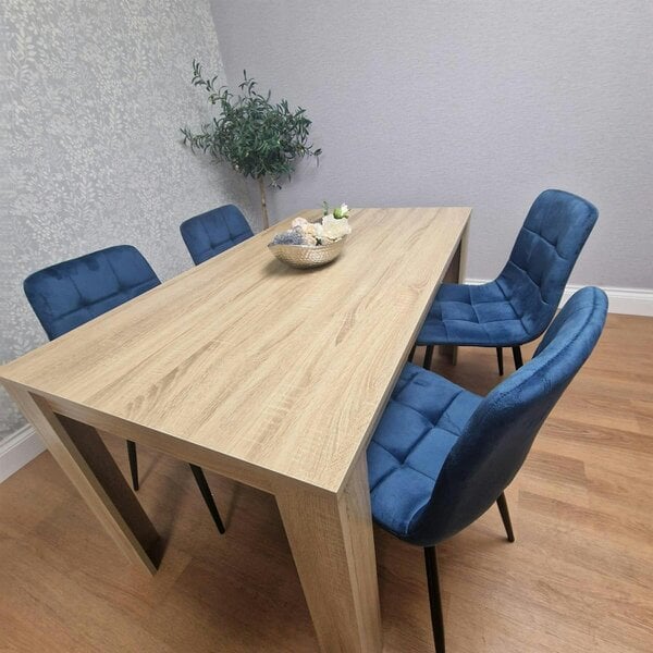 Kosy Koala Oak Effect Wood Dining Set Table with 4 Blue Velvet Chairs Kitchen Furniture