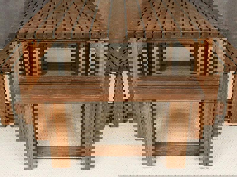 QUADRUM Picnic Table with 4 Benches – Rustic Finish Wooden Outdoor Dining Set for Gardens, Patios, and Picnics