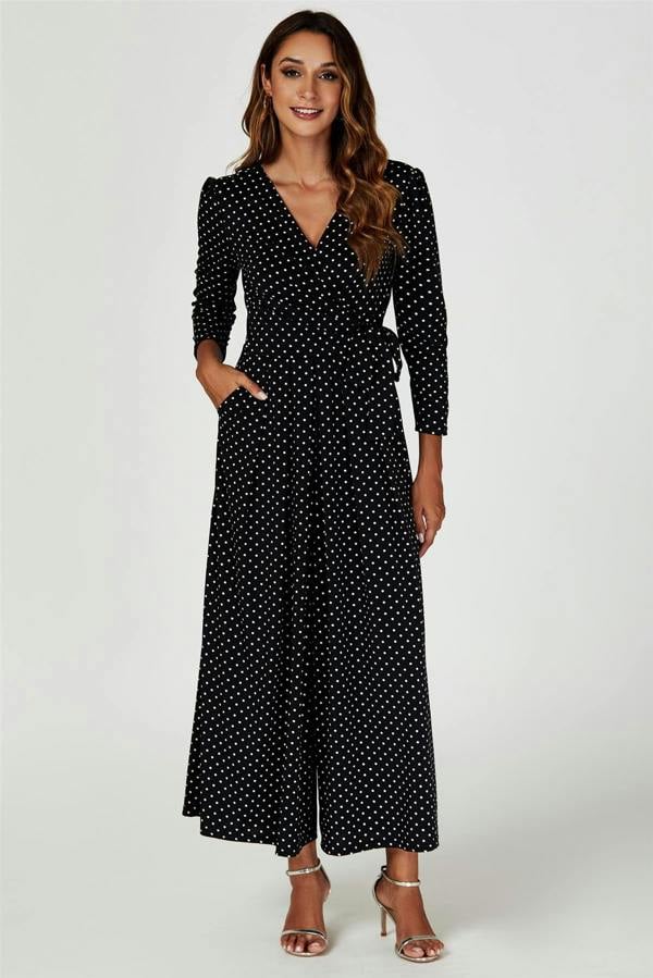 FS Collection Dot Print Wrap Top Jersey Jumpsuit In Black