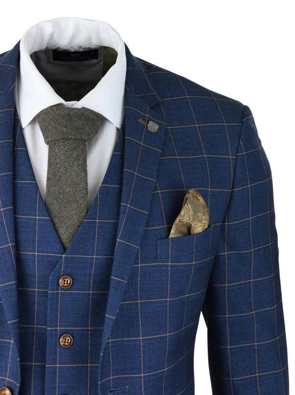 Paul Andrew Mens 3 Piece Suit Blue Gold Check Peaky Blinders 1920 Gatsby Smart Vintage Suit