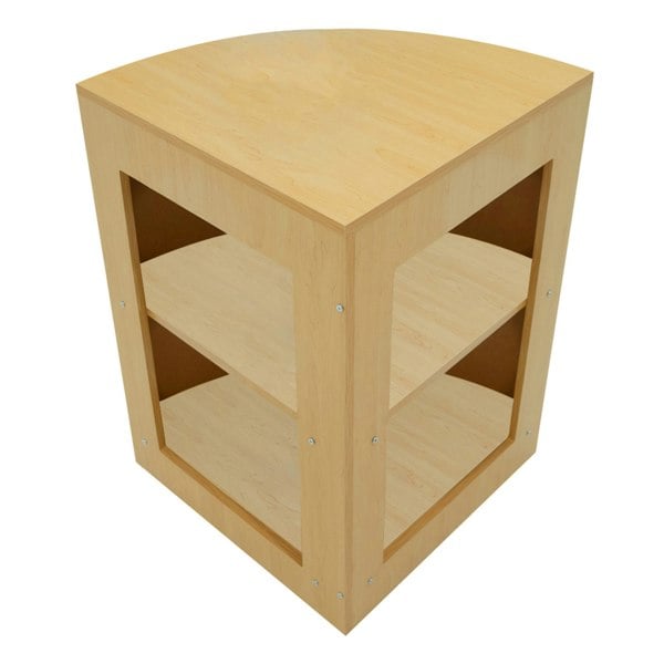 Hera LED Shop Counter Set featuring a maple finish, curved top, and two open shelves for stylish retail display and storage