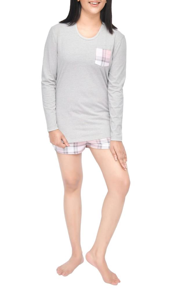 Women's Pocket Tee & Check Short Loungewear Set - Grey/Pink