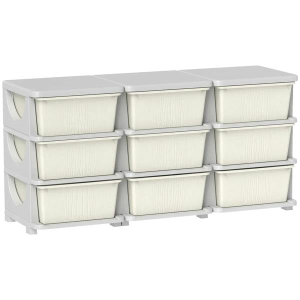 Kids cream storage unit with nine fabric drawers, open fronts and side handles
