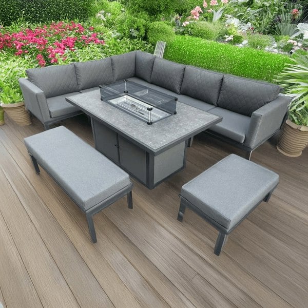 L Shaped 9 Seater Grey Garden Patio Set + Fire Pit Table - 2