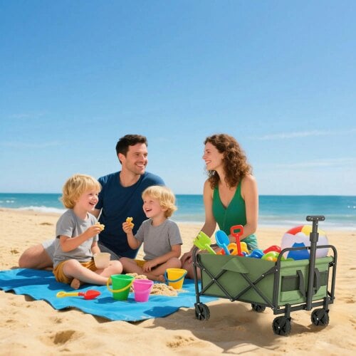 Bobobiy 62L Festival Trolley on Wheels, 120kg Heavy Duty Collapsible Folding Wagon with Adjustable Handle and Carrying Bag for Beach, Green
