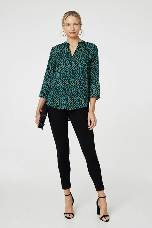 Green | Aztec Print 3/4 Sleeve Curve Hem Blouse