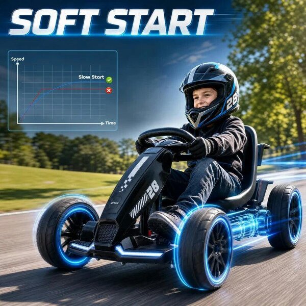 12V Electric Go Kart for Kids with Dual Motors, Adjustable Seat, Soft Start, LED Lights, EVA Wheels, for Age 3-6, Black
