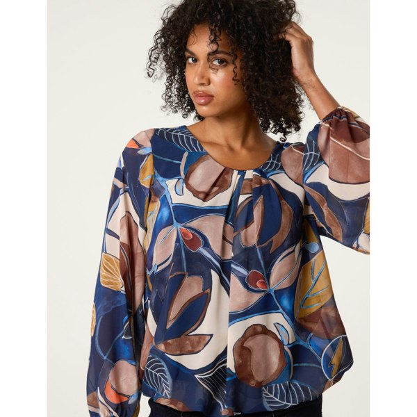 Blue Vanilla Abstract Print Scoop Neck Puffball Blouse