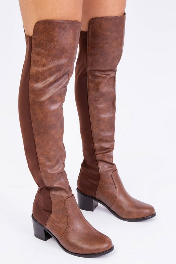 Where's That From Britta Thigh High Mid Heeled Boots in Brown Faux Leather