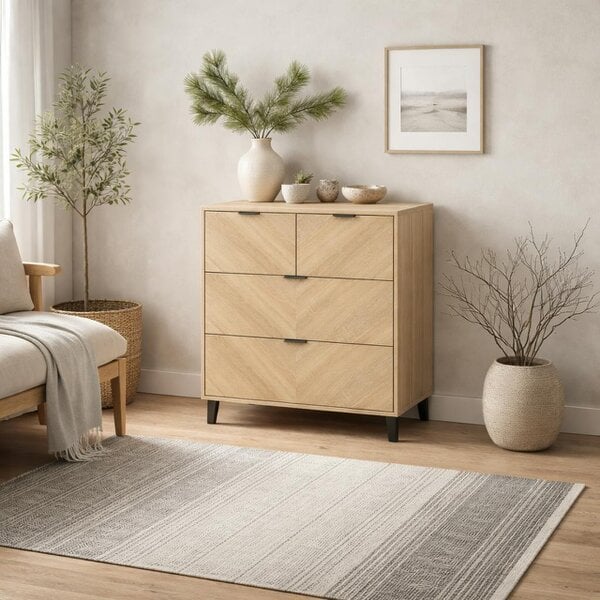 Wyld Haus Skerries Chevron 4 Drawer Storage Chest Natural Oak Wood