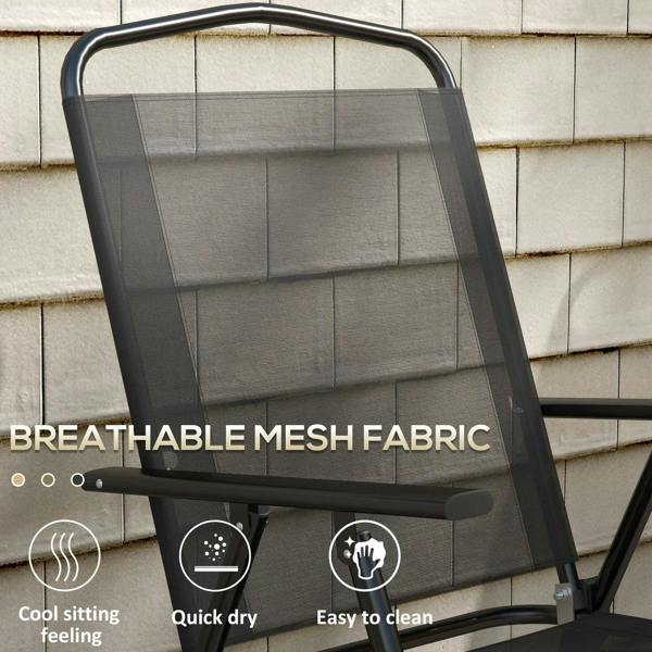 Black mesh-backed folding patio chair with curved armrests and support frame