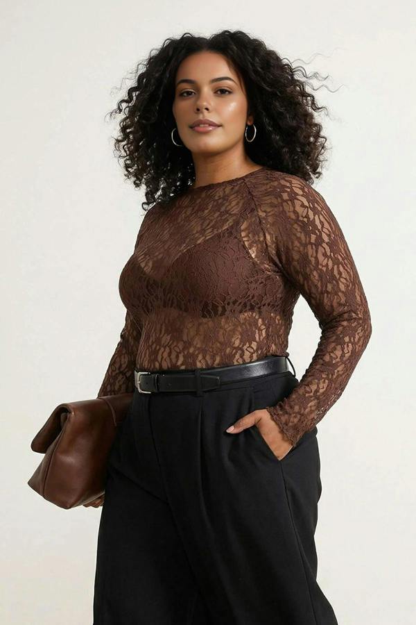 WOVCOR Black Lace Knit Plus Size Blouse