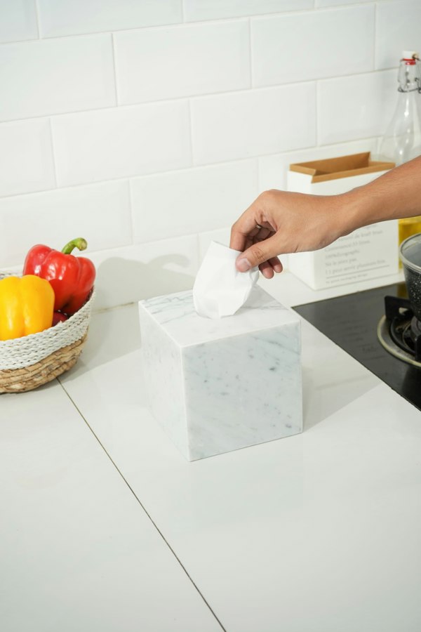 Carrera marble tissue box on kitchen counter 