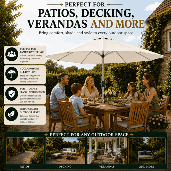 GlamHaus Tilting Garden Parasol Table Umbrella 2.7M with Crank Handle, UV40 Protection, Includes Protection Cover - Cream