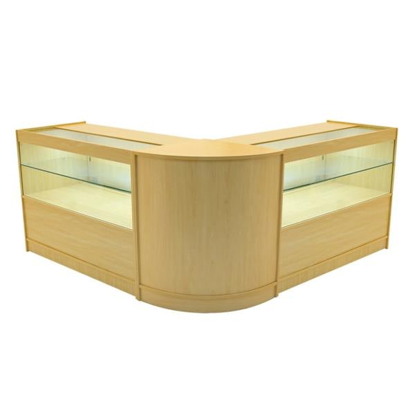 Maple Selene LED shop counter set featuring a modern design, glass display shelves, and a sleek, curved shape for retail spaces