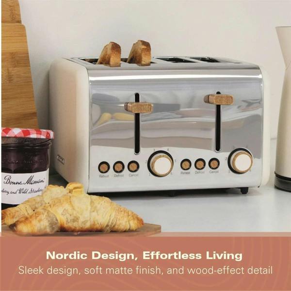 Hamilton Beach Scandi 4 Slice Toaster - Matte Cream with Wood Effect