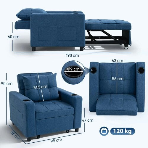 Wyld Haus Norapa Fabric Dark Blue 3 In One Convertible Single Sofa Bed