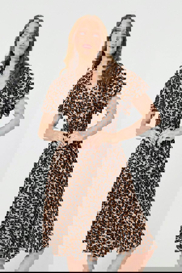 Beige | Animal Print Shirred Knee Length Dress