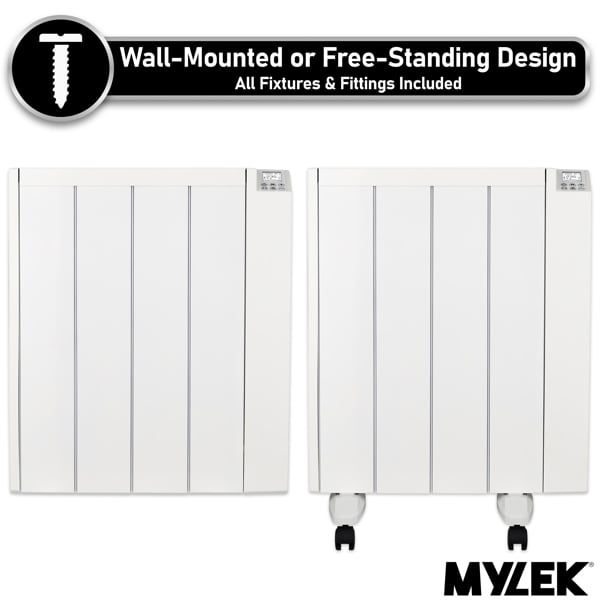 MYLEK Electric Radiator Panel Heater Ceramic White Eco 1000W Bathroom Safe Wall Mounted Or Free Standing With Timer Thermostat