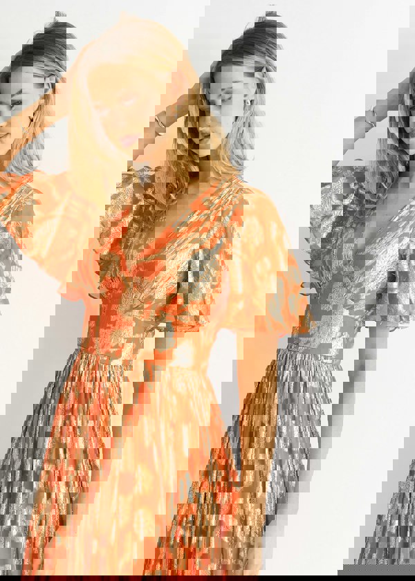Gini London Orange Metallic Jacquard Flutter Sleeves Floral Maxi Dress