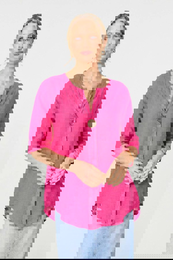 Pink | Button Detail 1/2 Sleeve V-Neck Blouse
