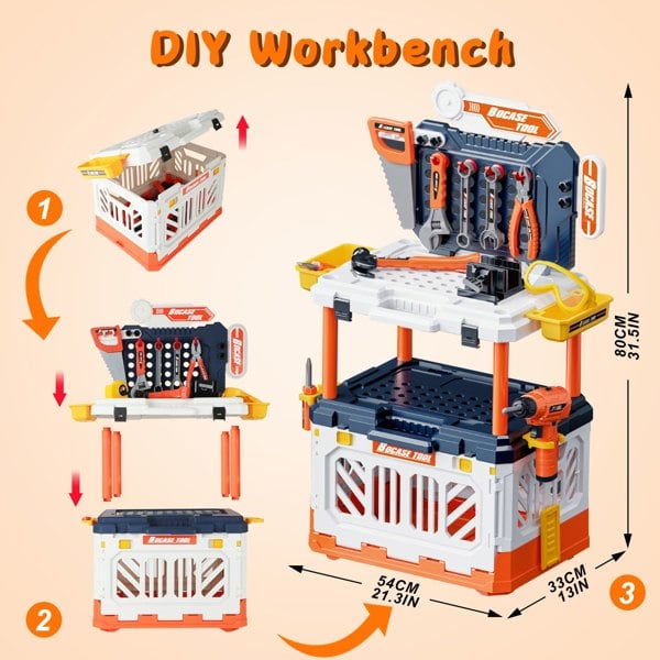 deAO Toys 4-in-1 Kids Portable Workbench – 90-Piece Transformable Tool Bench with Suitcase & Role Play Accessories
